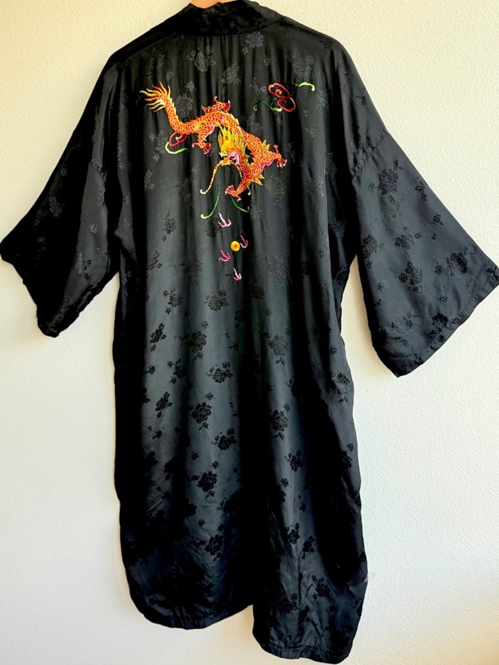 Vintage Black Satin Robe Embroidered Kimono Swim Cover Up Golden Bee Festival OS